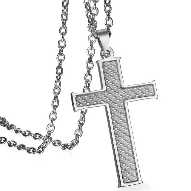 Silver & Black Carbon Fiber Classic Cross Pendant and Necklace with 21.5" Chain