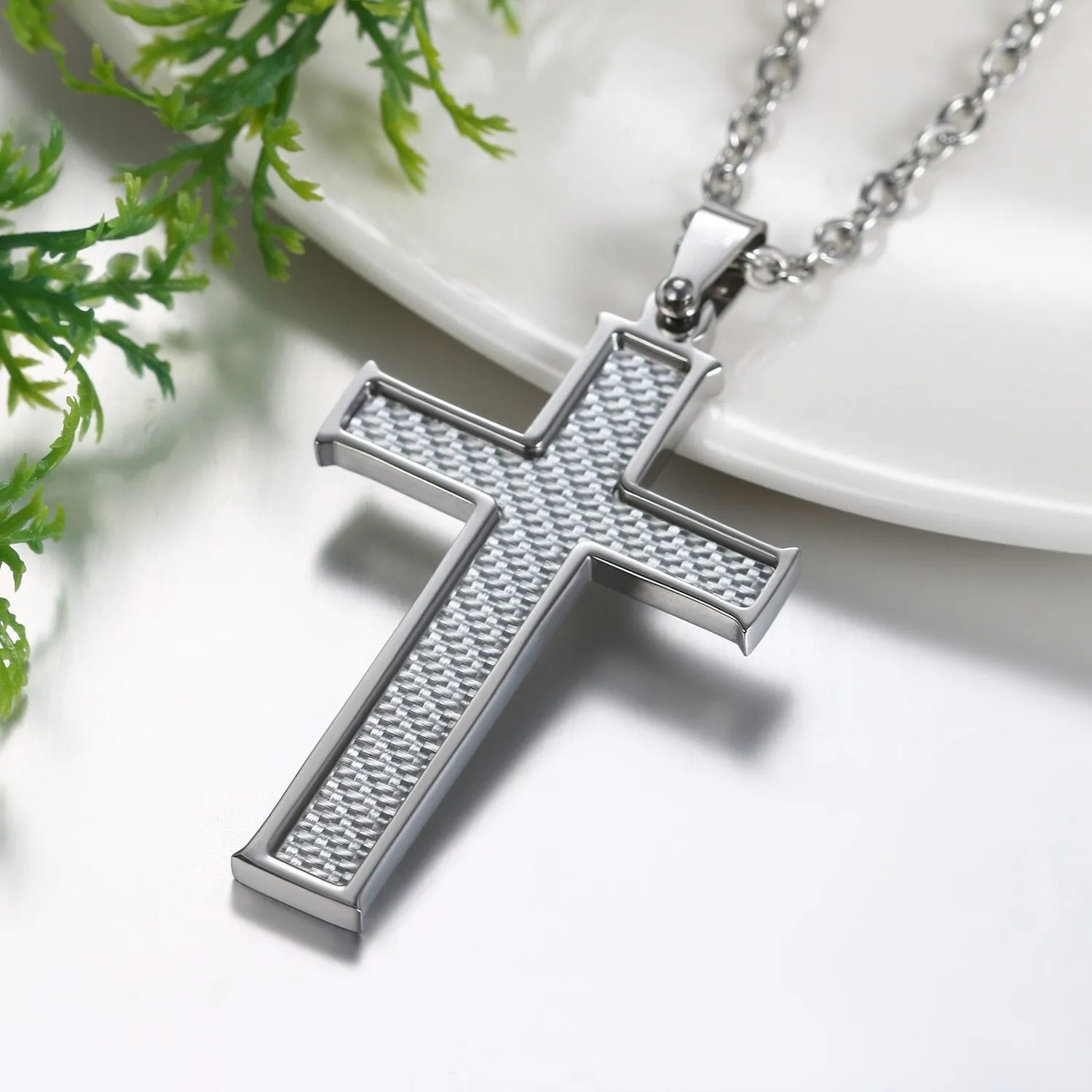 Silver & Black Carbon Fiber Classic Cross Pendant and Necklace with 21.5" Chain