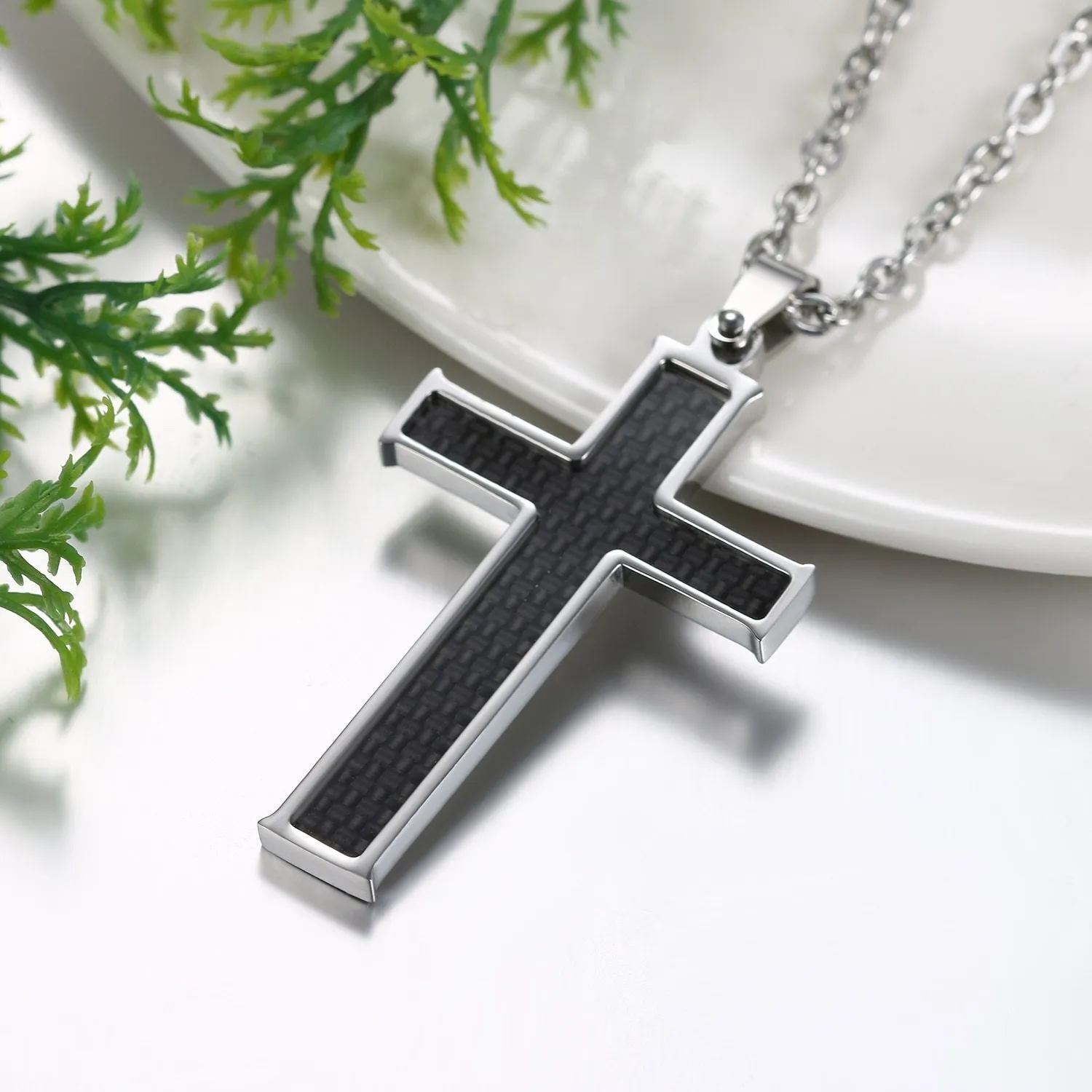 Silver & Black Carbon Fiber Classic Cross Pendant and Necklace with 21.5" Chain