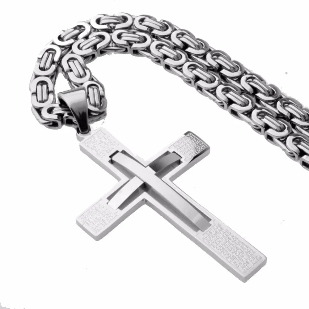 Silver Cross Pendant with Curved Beam Inlay and Lord's Prayer Engraving Necklace