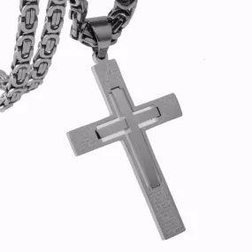 Silver Cross Pendant with Curved Beam Inlay and Lord's Prayer Engraving Necklace