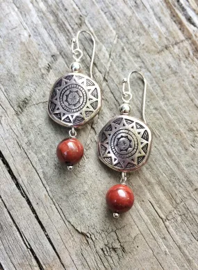 Silver Earrings, Silver Jewelry, Red Earrings, Southwestern Earrings, Red Jewelry, Silver Dangle Earrings, Silver Drop Earrings