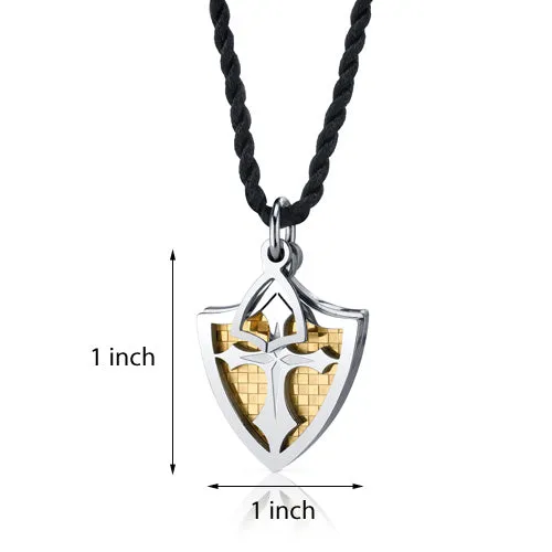 Stainless Steel Cross and Golden Shield Pendant Necklace