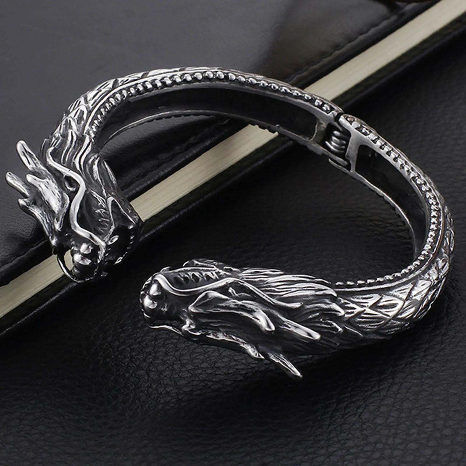 Stainless Steel Double Dragons Hinged Cuff Bangle