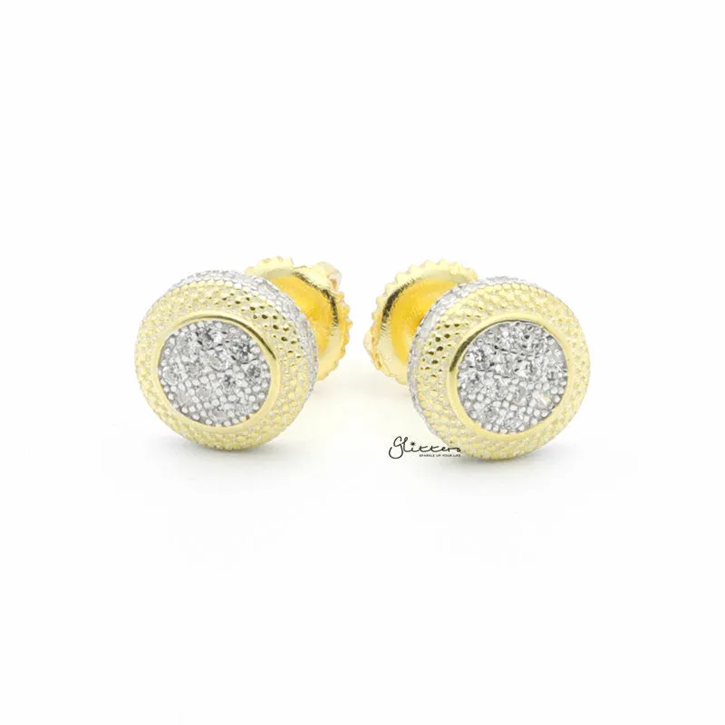 Sterling Silver C.Z Paved Two Tone Round Stud Earrings