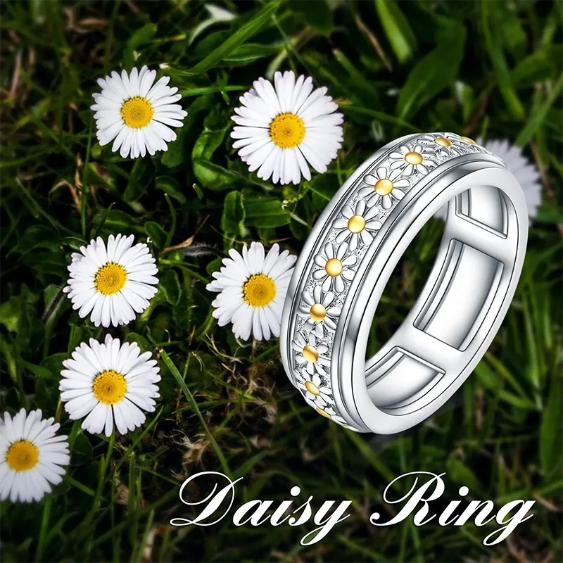 Sterling Silver Daisy/Sunflower Anxiety Spinner Rings Rotatable Mood Rings for Women Relieve Stress Gift