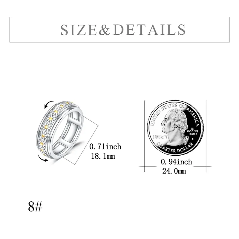 Sterling Silver Daisy/Sunflower Anxiety Spinner Rings Rotatable Mood Rings for Women Relieve Stress Gift