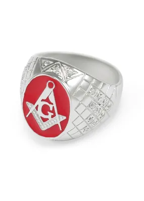 Sterling Silver Masonic Ring with Coral Red Enamel and CZs