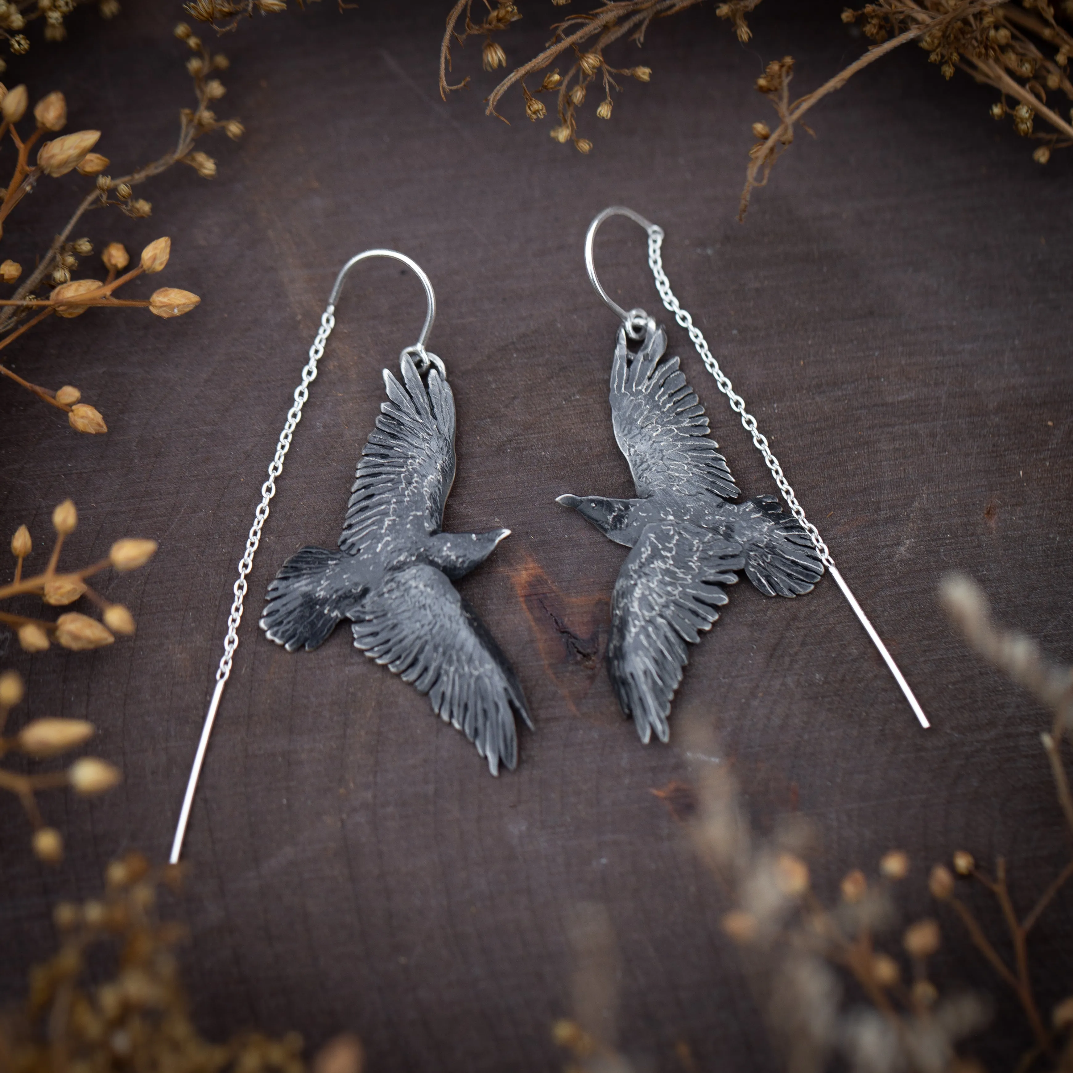 Sterling Silver Raven Ear Threaders