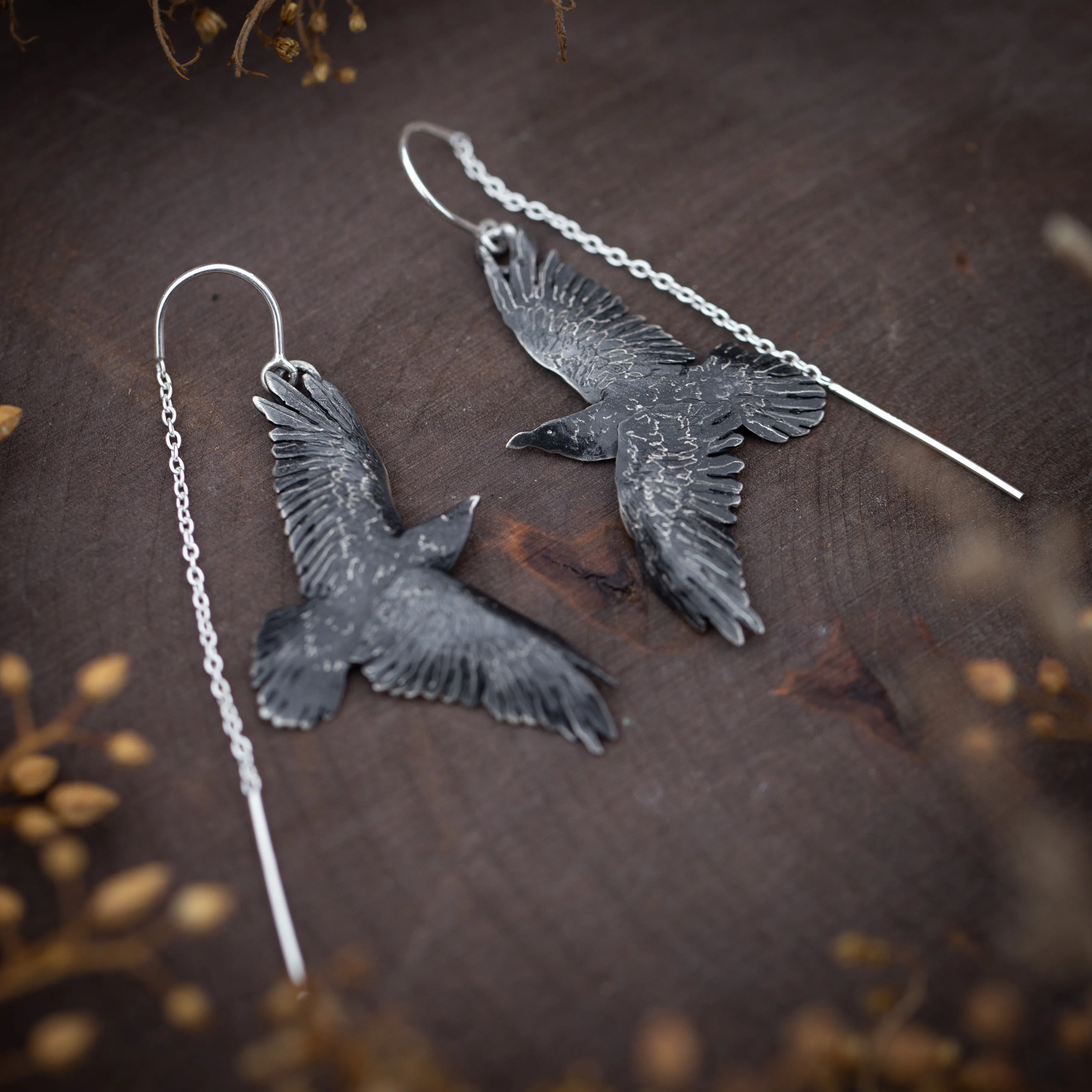 Sterling Silver Raven Ear Threaders