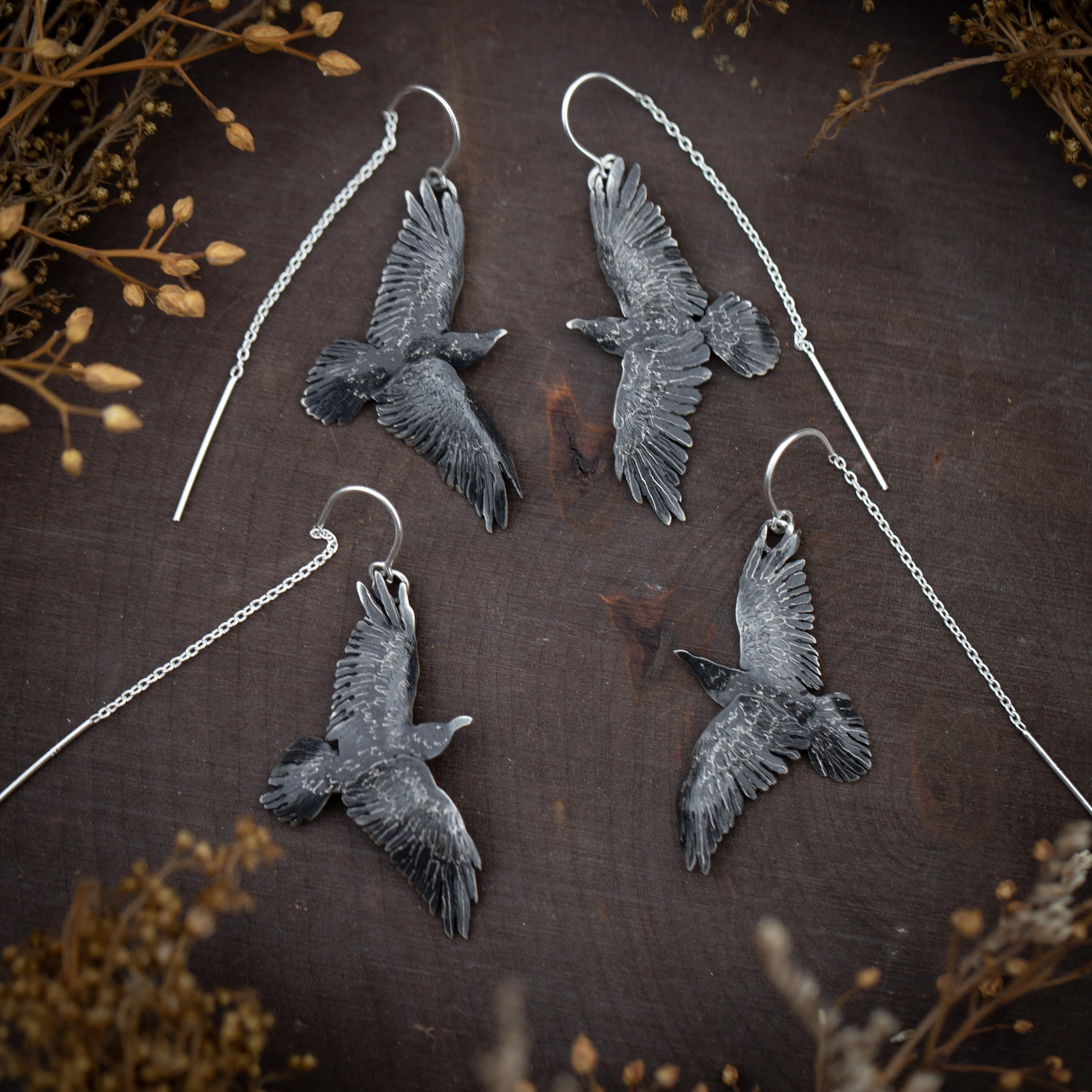 Sterling Silver Raven Ear Threaders