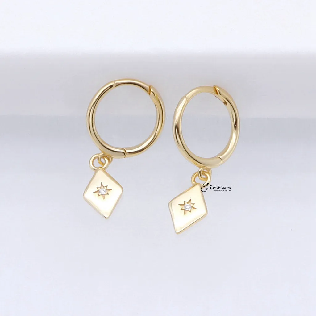 Sterling Silver Rhombus Charm Huggie Hoop Earrings - Gold