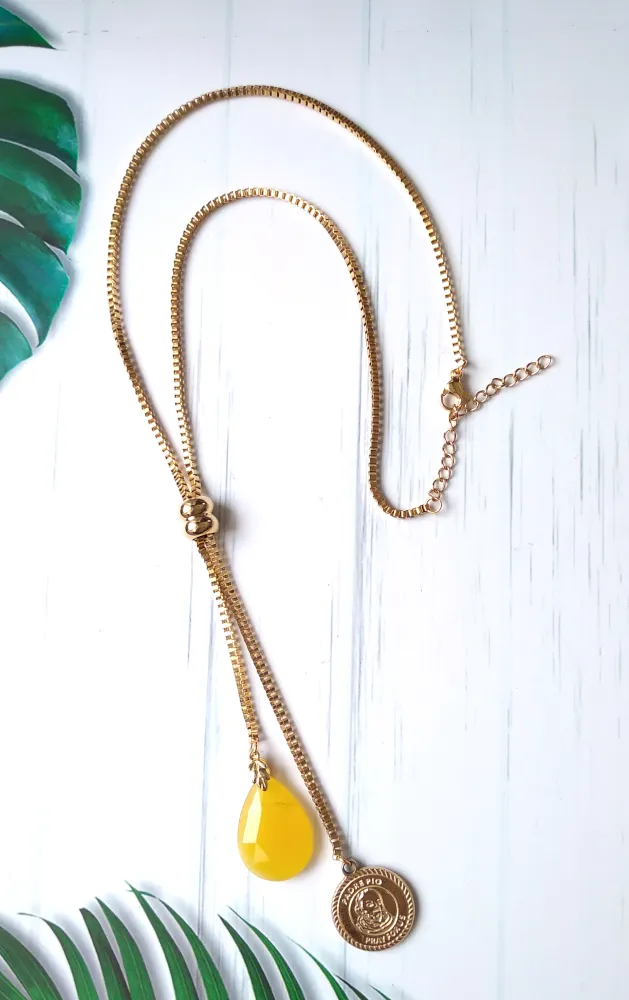 Teardrop Yellow Jade with Saint Benedict Medal Slider Necklace