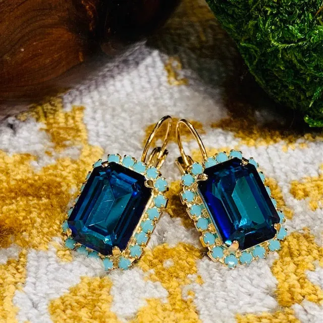 Teramasu Deep Blue Square Crystal with Turquoise Lever Back Gold Drop Earrings