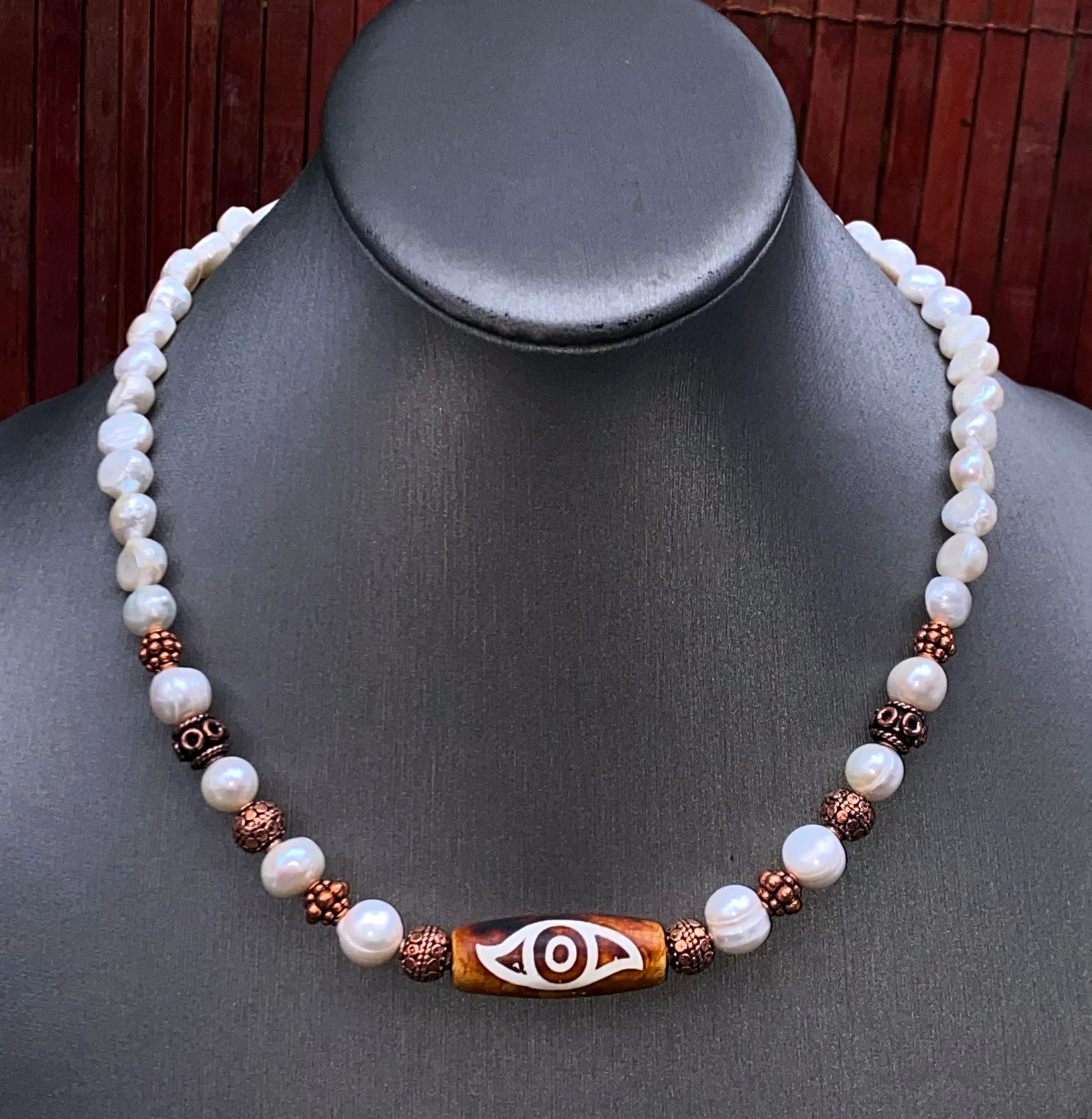 Tibetan Agate and Beaded Pearl Necklace