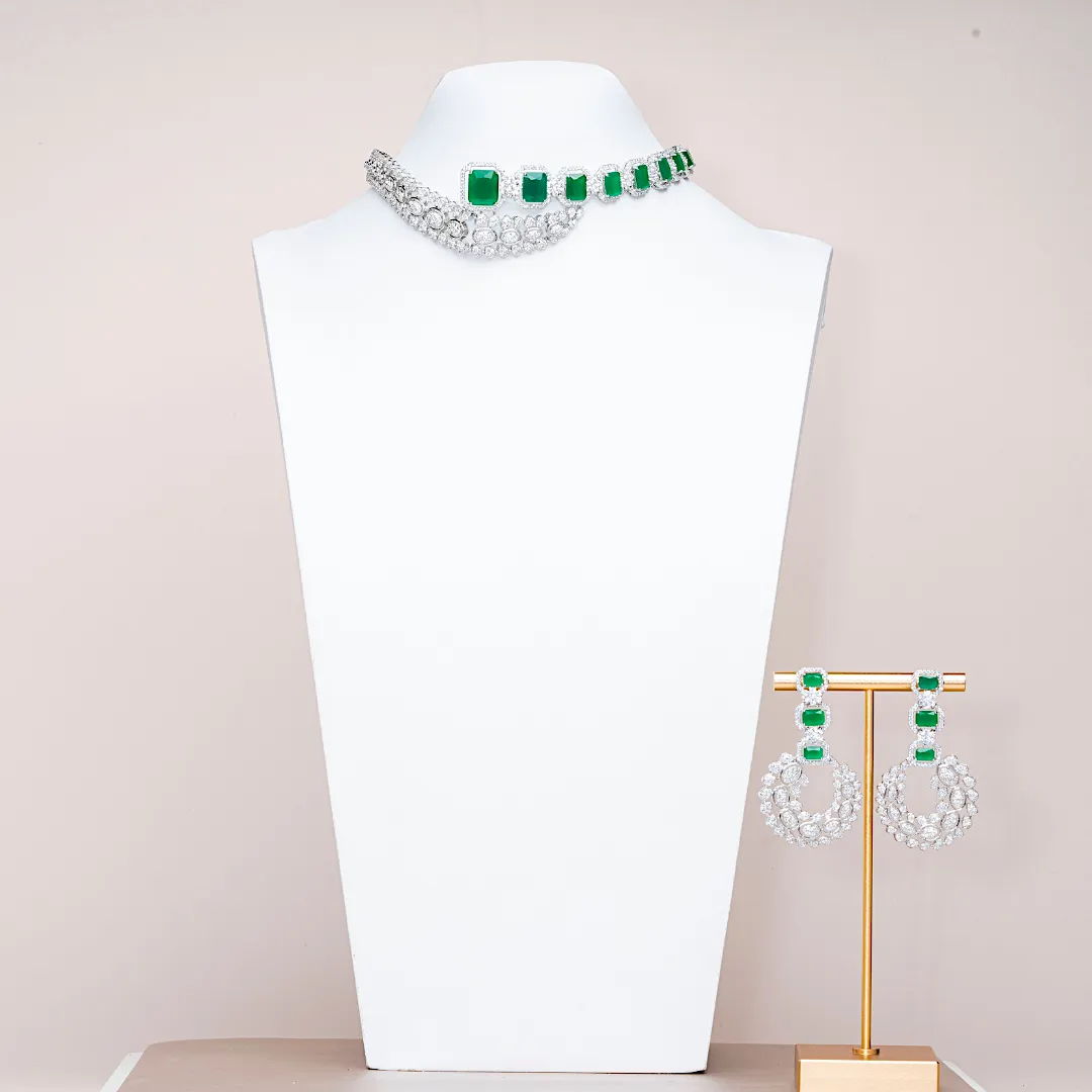 Tijara Emerald Green & White Gold Luxury Choker Necklace & Earring Set By Jaipur Rose Luxury Indian Jewelry Onli