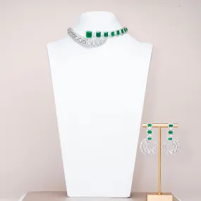 Tijara Emerald Green & White Gold Luxury Choker Necklace & Earring Set By Jaipur Rose Luxury Indian Jewelry Onli