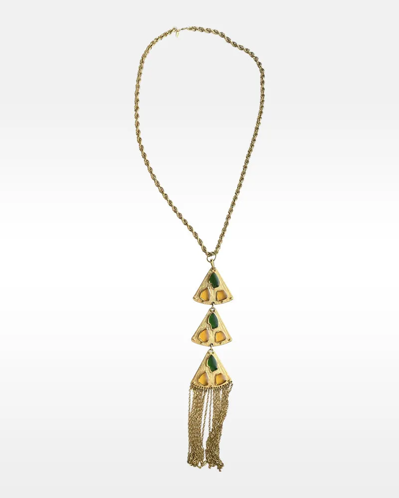 Trifari and Monet Gold Metal Green and Orange Glass Tassel Necklace