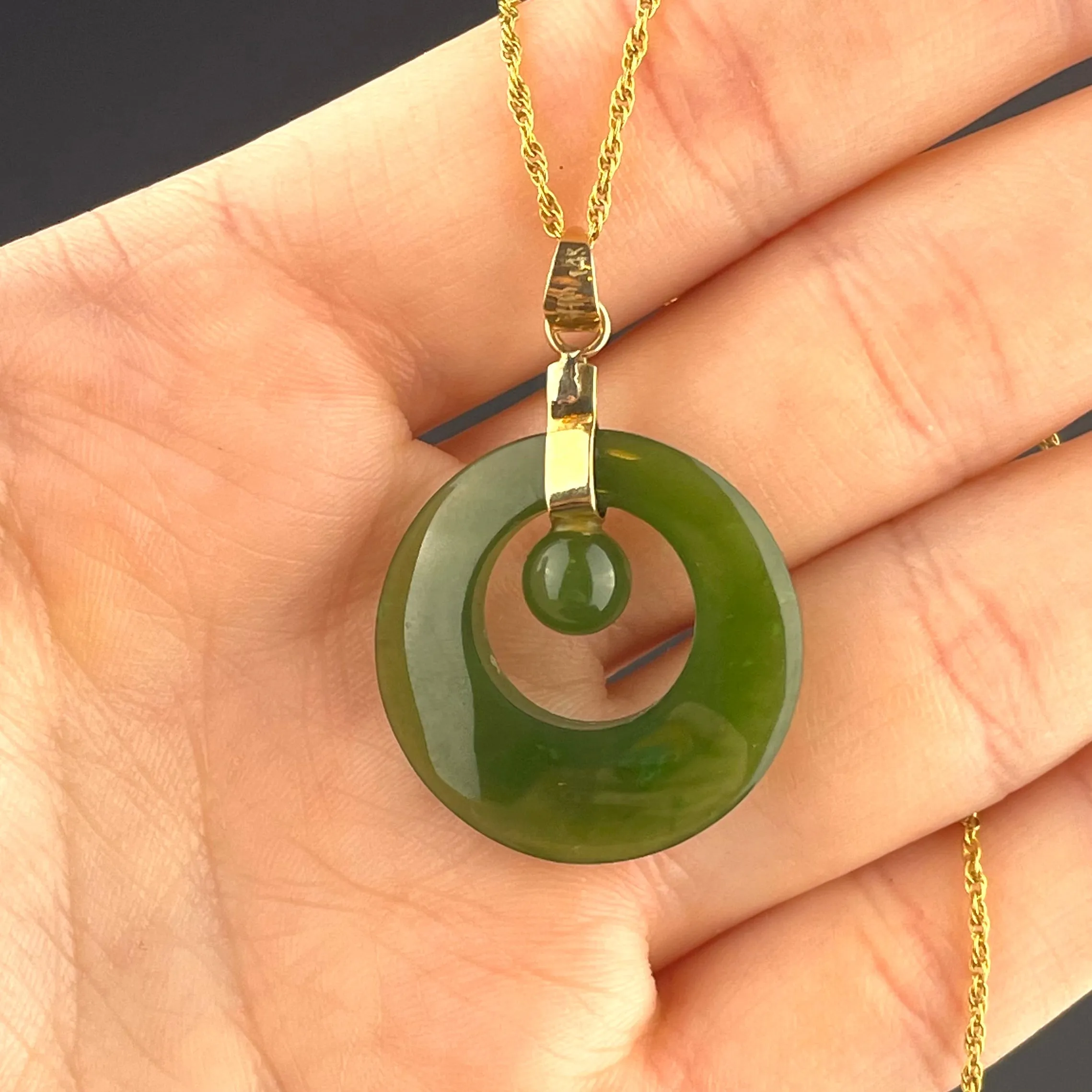 Vintage 14K Gold Jade Target Pendant Necklace