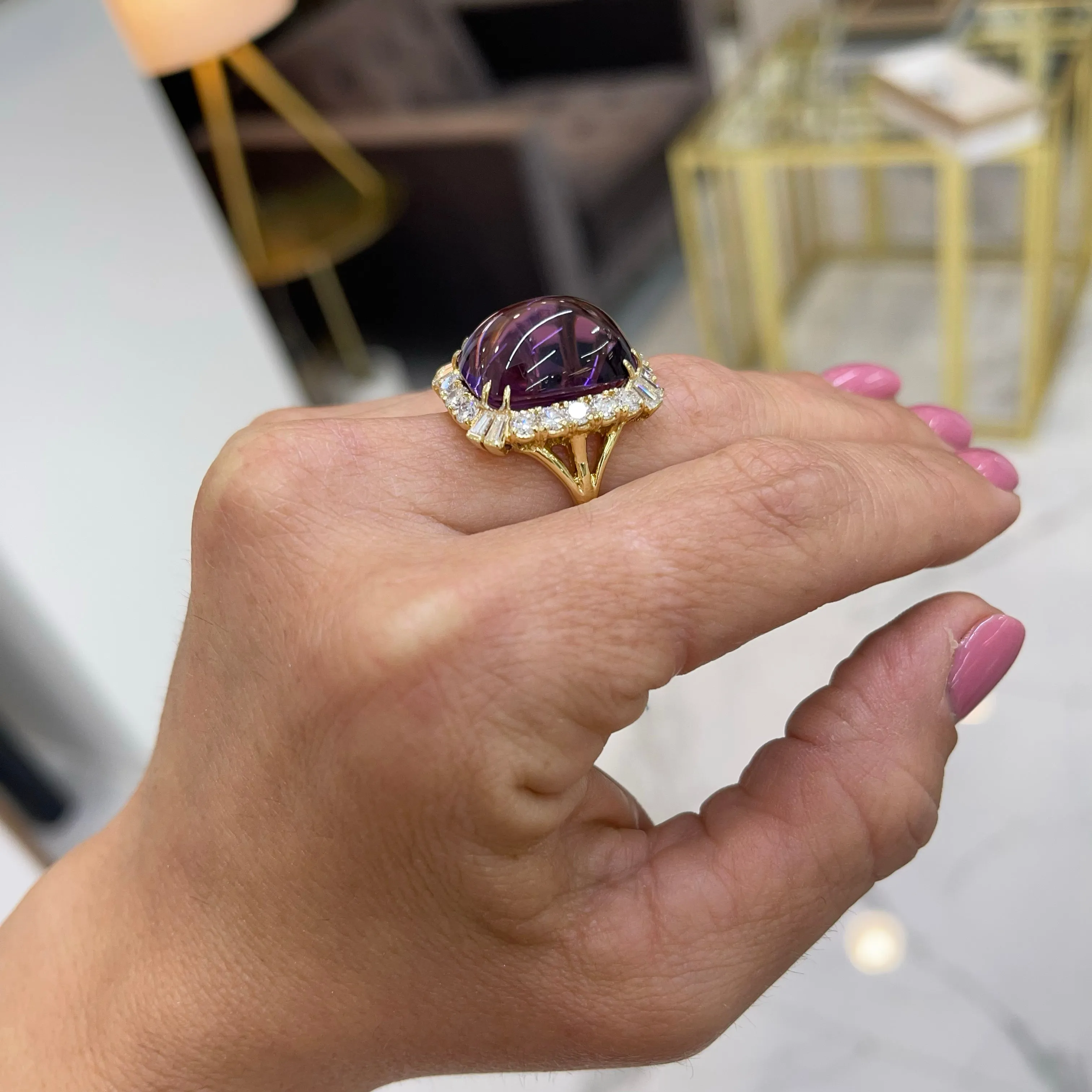 Vintage 18K Yellow Gold Amethyst & Diamond Halo Cocktail Ring