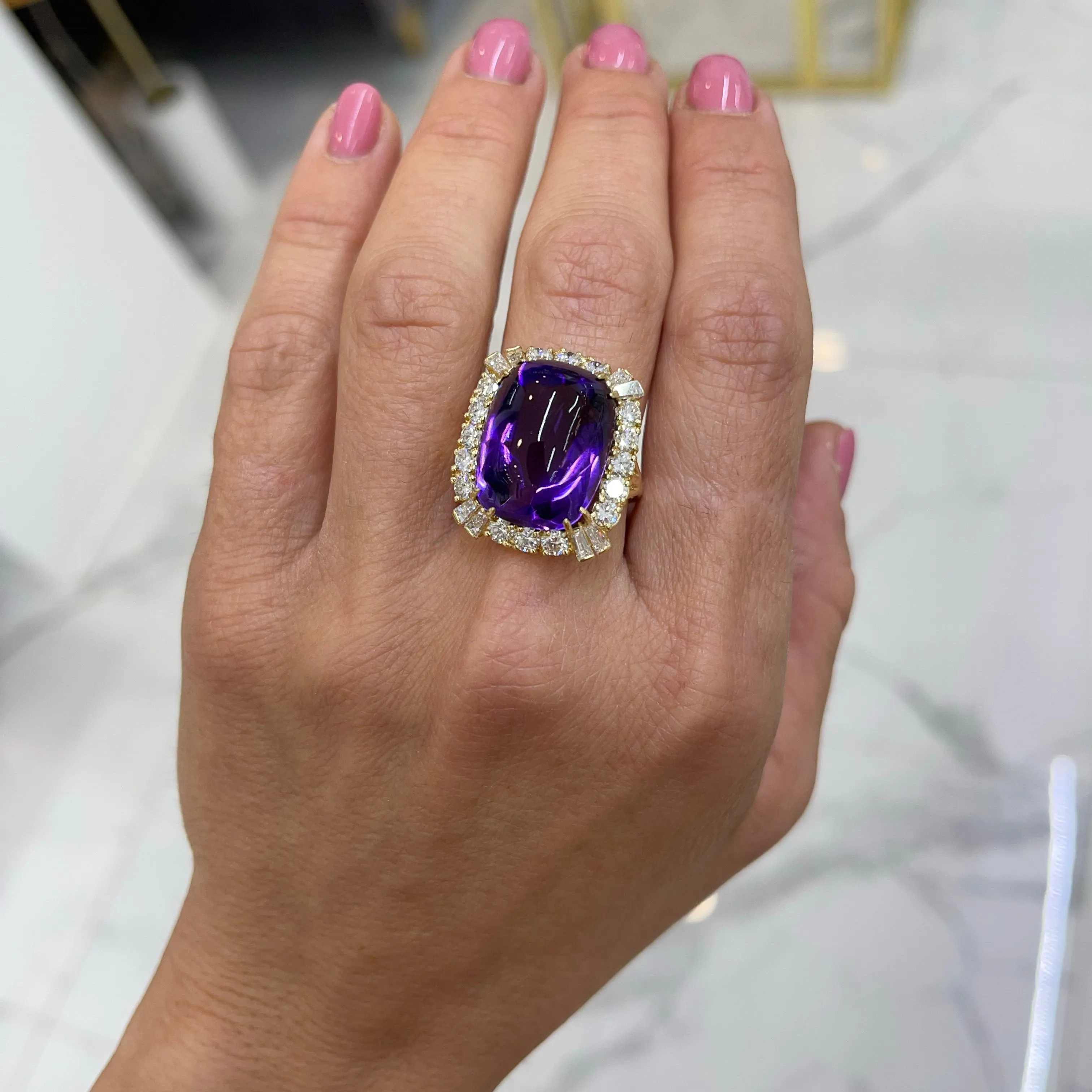 Vintage 18K Yellow Gold Amethyst & Diamond Halo Cocktail Ring