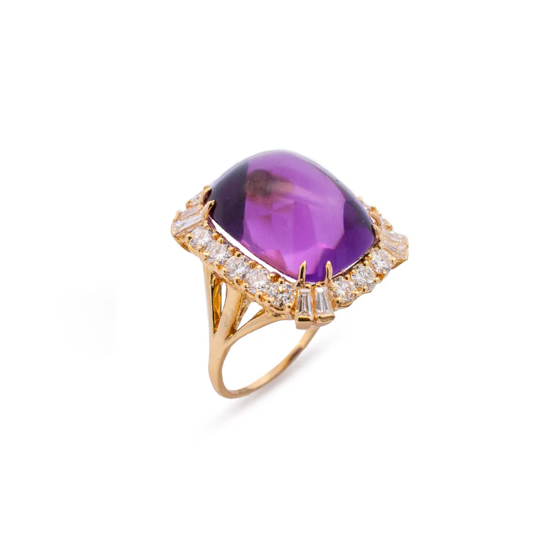 Vintage 18K Yellow Gold Amethyst & Diamond Halo Cocktail Ring