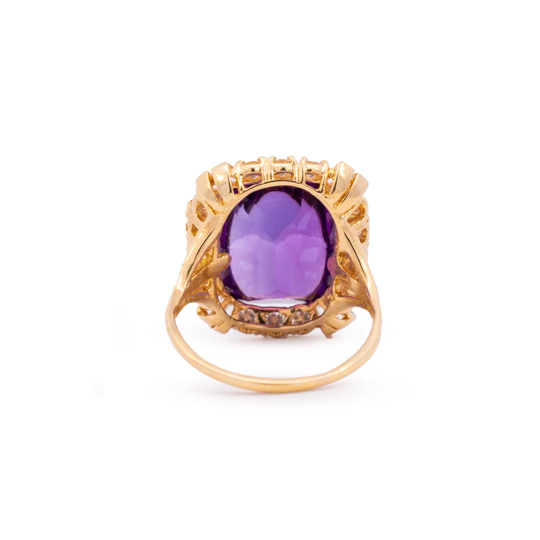 Vintage 18K Yellow Gold Amethyst & Diamond Halo Cocktail Ring