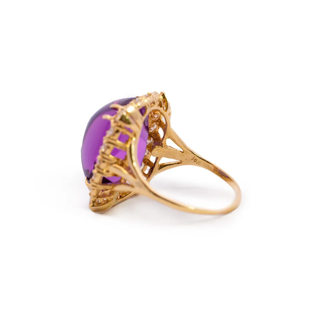 Vintage 18K Yellow Gold Amethyst & Diamond Halo Cocktail Ring