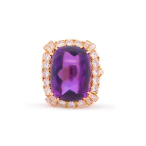 Vintage 18K Yellow Gold Amethyst & Diamond Halo Cocktail Ring