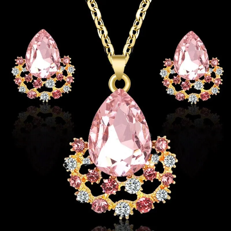 Water Drop Crystal Pendant Necklace Earring Set