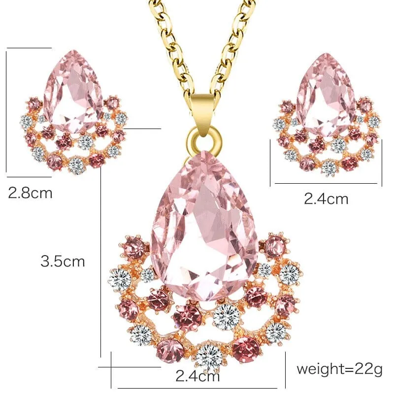 Water Drop Crystal Pendant Necklace Earring Set