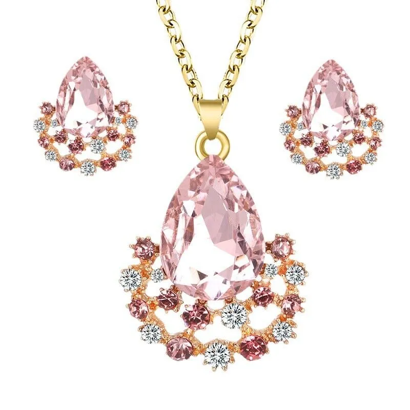 Water Drop Crystal Pendant Necklace Earring Set