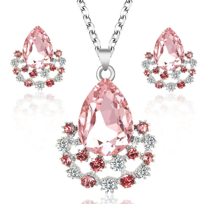 Water Drop Crystal Pendant Necklace Earring Set