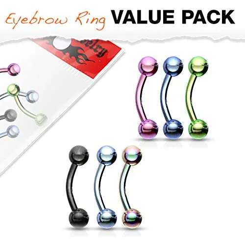 WILDKLASS 6 Pcs Value Pack Titanium IP Over 316L Surgical Steel Eyebrow Curve Ring